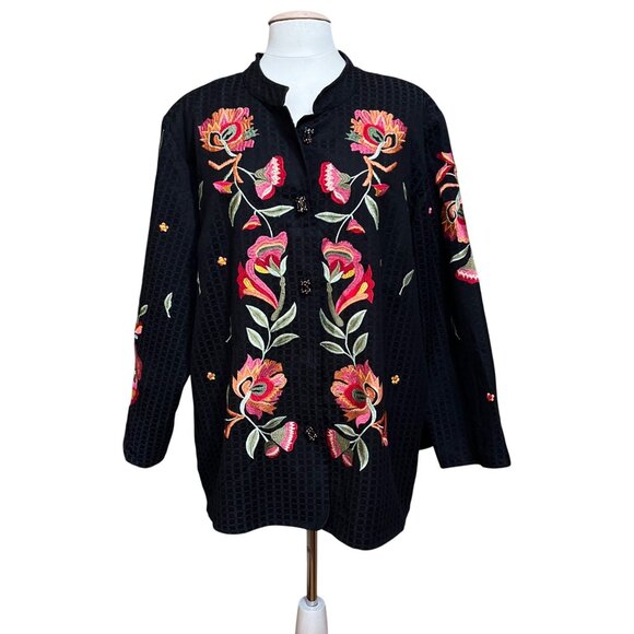 Maggie Barnes 2X Black Blazer Jacket  Pink Floral Embroidery Glass Bead Closures - Picture 1 of 7